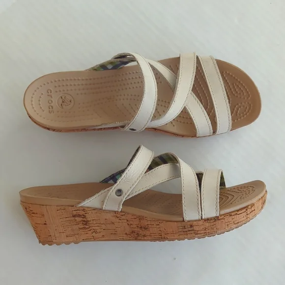 Crocs Open Toe Cork Wedge Strappy Slide Sandal 8 Creamy Beige Tan - Picture 1 of 16